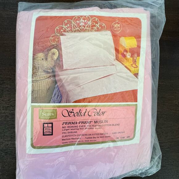 Sears VTG NOS Sealed Full Fitted Bottom Sheet Pink Muslin Cotton Poly Blend - Picture 3 of 8